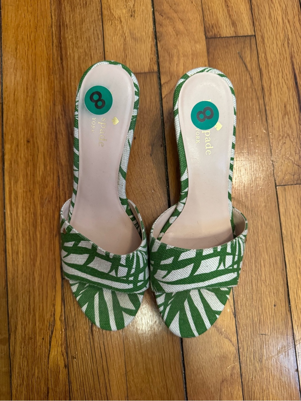 kate spade Green and White Palm-Print Slide Mules
